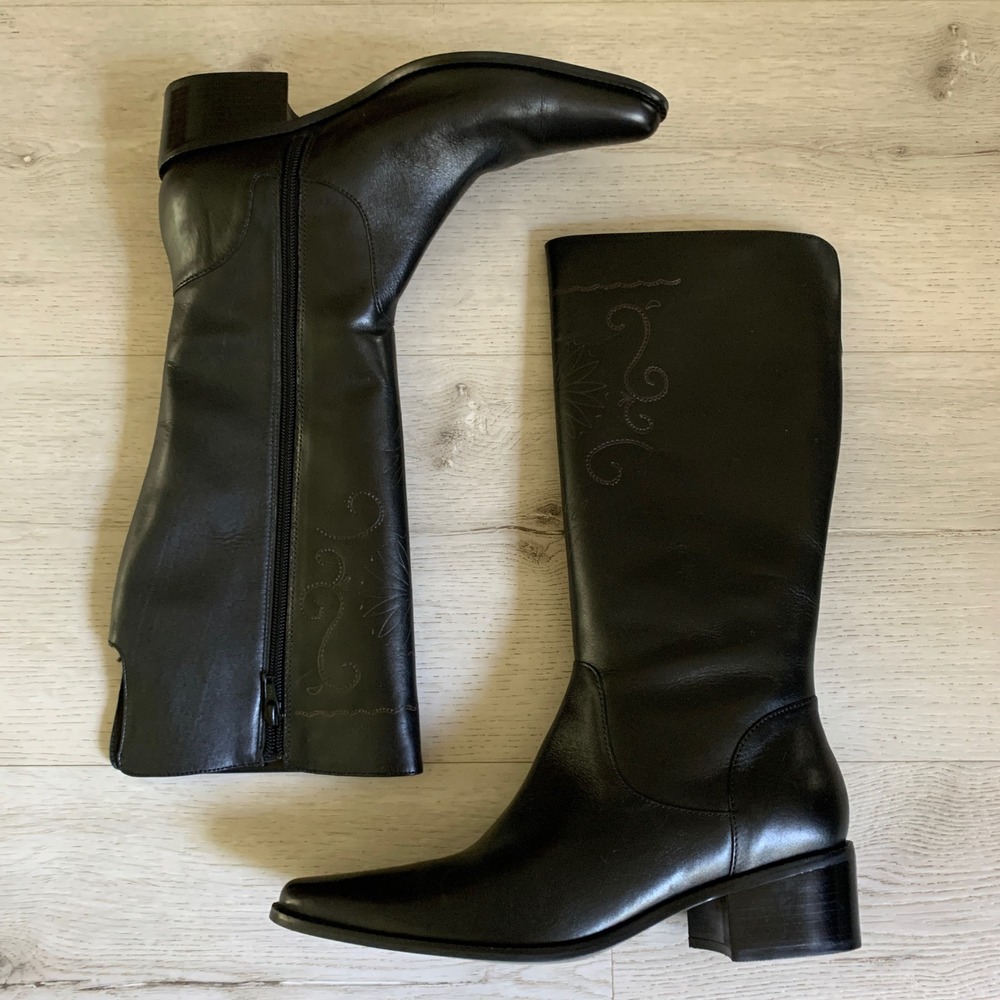 Matisse Black Leather Tall Square Toe Embroidered Boots Made in Brazil Womens 8M